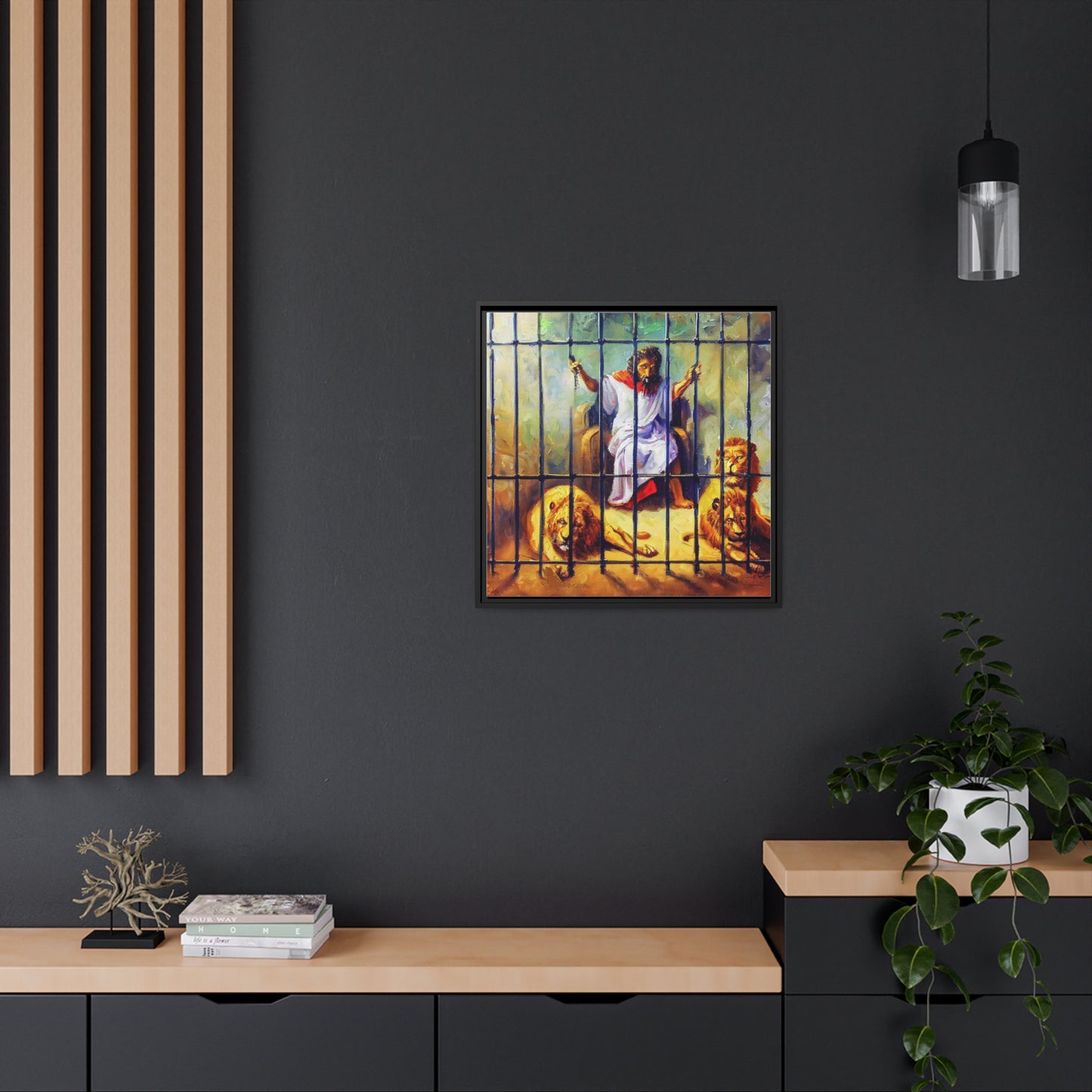 Art-of-Apparel - Daniel and the Lions - Framed Black Canvas Art Gift Items - Matte