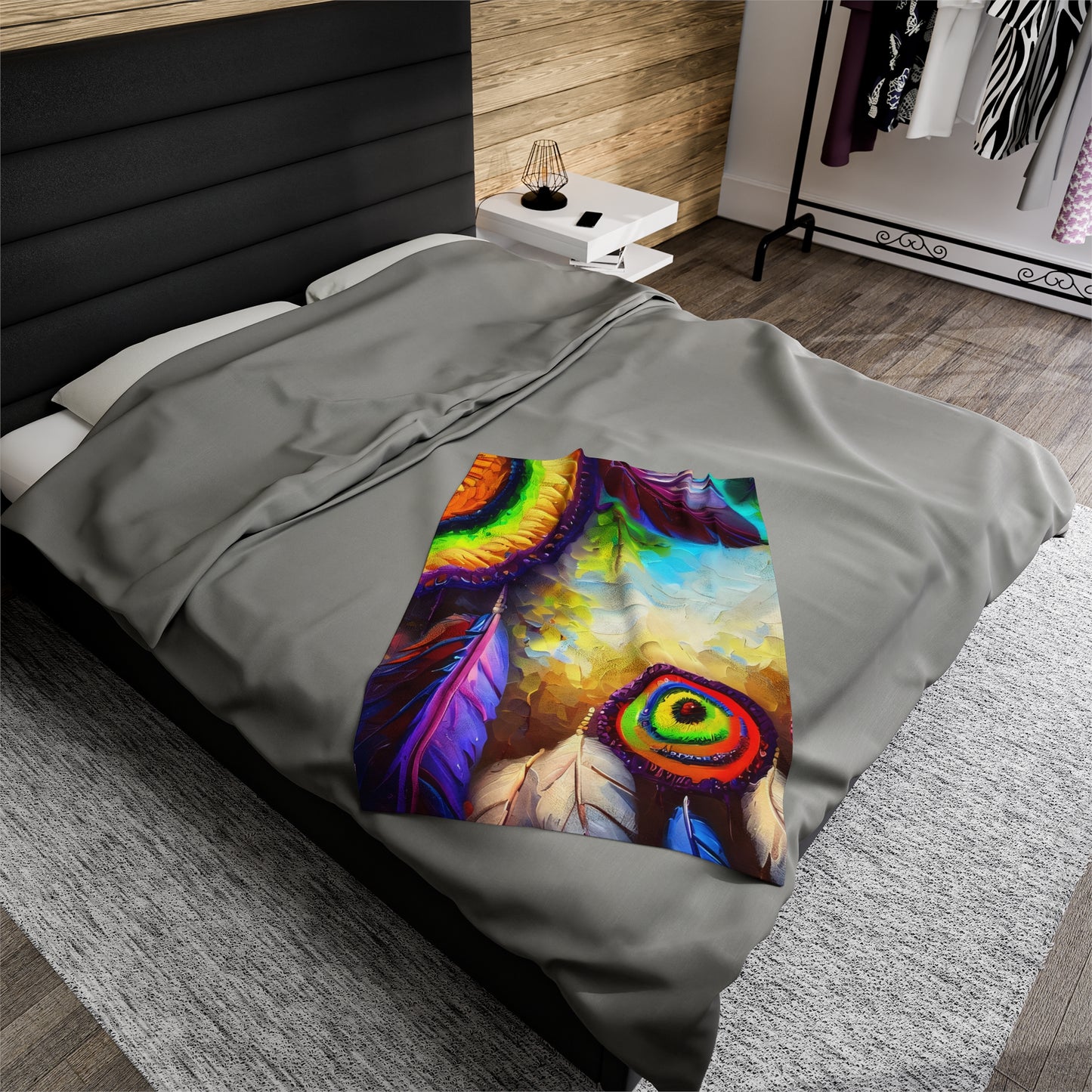 Home Decor Designer Dreamcatcher Velveteen Plush Blanket - Modern Art - Multicolor